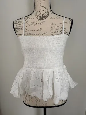 American Eagle Outfitters XL White Eyelet Smocked Peplum Cami thumbnail 1