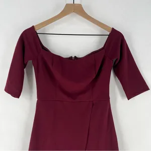 Lulus Burgundy Stretch Crepe‎ Off The Shoulder 3/4 Sleeve Faux Wrap Midi Dress thumbnail 2