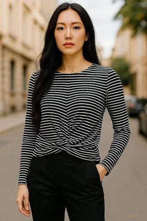 Haute Monde Womens Knit Top Sz S Black White Striped Crossover‎ Bottom NEW thumbnail 1