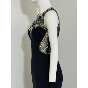 Betsy & Adam Maxi Dress Black Mesh Beaded Rhinestone Gown Sleeveless Crew Neck 2 thumbnail 4