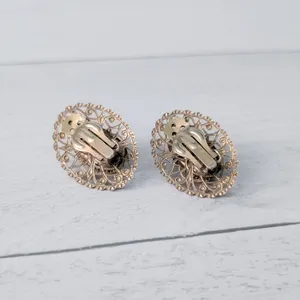 Vintage Clip On Earrings Large Ornate Gold Tone with Green Center thumbnail 6