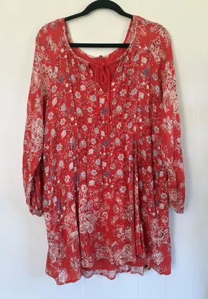 Free People Red Floral Paisley Tassel Tie Mini Dress Long Sleeve Pleated Rayon thumbnail 1
