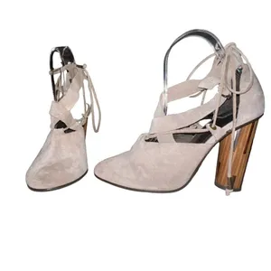 Free People Taupe Nouvella Criss Cross Wrap Chunky Heel Suede Leather Sz 38/6.5‎ thumbnail 2