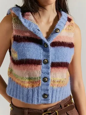 NWT Free People Rosetta Knit Wool Hooded Sweater Vest in Stripes thumbnail 1