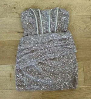 Lulu’s - Vivacious Lace Up Strapless Sparkly Mini Dress in Champagne thumbnail 1