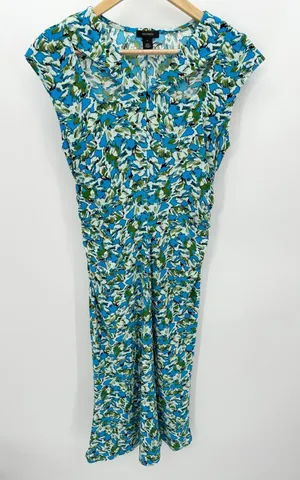 Halogen Blue Green Floral Cap Sleeve Ruched Waist Midi Dress HA469372MI Womens S thumbnail 1