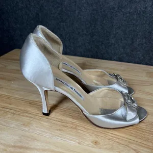 Manolo Blahnik Silver Satin Crystal Buckle Peep Toe d'Orsay Pumps Size 36.5 thumbnail 4