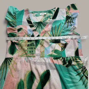 Entro Tropical Palm Leaf Print Ruffle Tiered Midi Dress V-Neck Green Pink S thumbnail 6