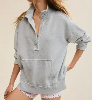 Aerie Vintage Popover Snap Button Polo Sweatshirt Gray Medium thumbnail 1