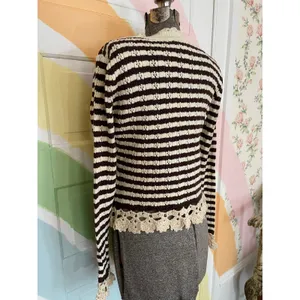 Bohme NWT Striped Crochet Trim Sweater Womens Medium Brown Cream thumbnail 9