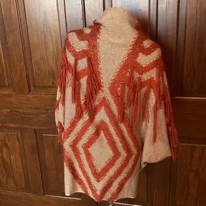 Free People Boho Diamond Fringe Kimono Cardigan Cacoon Knit Sweater Red One Size thumbnail 11
