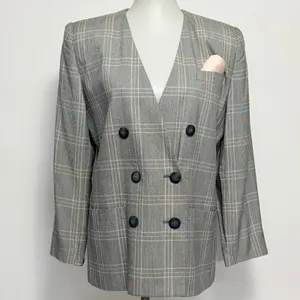 Vintage Worthington Blazer 10P Grey Plaid Double Breasted Collarless V-Neck 90s thumbnail 2
