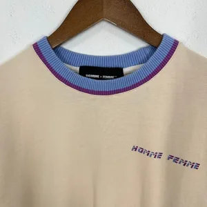 HOMME FEMME Small Beige Logo T-Shirt Ribbed‎ Collar Retro Streetwear Knit Tee thumbnail 2