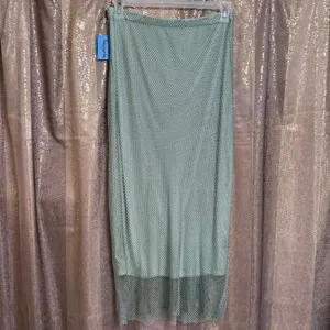 WAYF Light Sage Green Rhinestone Fishnet Mesh Maxi Skirt Large NWT thumbnail 2