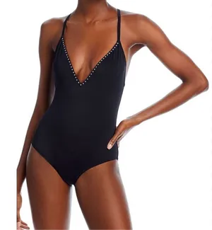 AQUA Swimwear One Piece Swimsuit Black Extra Small Rhinestone Trim‎ Detail NEW thumbnail 1