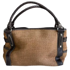 Vtg Fossil Raffia & Brown Leather Braided Handles Boho Spring Satchel thumbnail 1