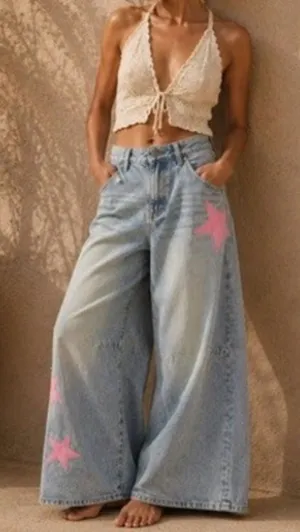 NWOT Edikted Trish Star Low Rise Wide Leg Jeans size large pink star patch’s thumbnail 1