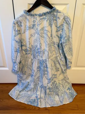 Charlee Toile Print Short Sleeve Dress in Blue and White thumbnail 3