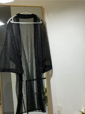 Boutique Gold Beads Embellished Mesh Kimono Robe, Black, Size Large thumbnail 6