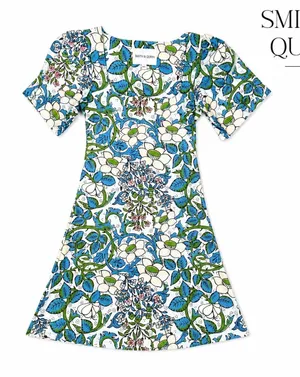 Smith & Quinn XS Blue Floral Mini Dress Puff Sleeve Square Neck Fit & Flare thumbnail 1