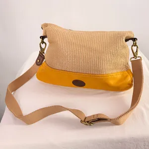 Fossil Woven & Leather‎ Fold Over Handbag with Strap Tan Brown Yellow thumbnail 3
