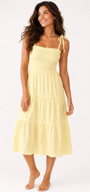 For The Republic Maxi Dress Neon Lemon Yellow Smocked‎ Cotton Resort Coastal L thumbnail 1
