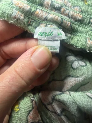 Aerie Floral High Rise Smocked Tie Waist Crinkle Pants Green Medium thumbnail 5