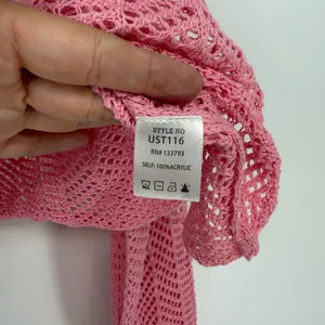 POL Pink Open Knit Cropped Oversized‎ Sweater Balloon Sleeve Crochet Pullover L thumbnail 5