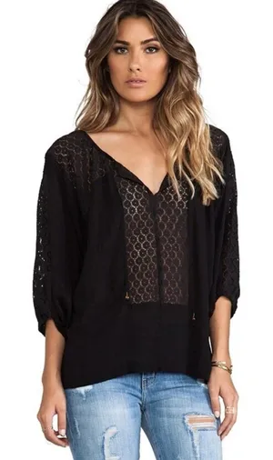 Free People Moon River Easy Top Size Small Black Daisy Lace Peasant Blouse thumbnail 1
