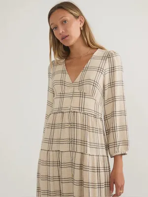 Marine Layer Maeve Maxi Dress NWOT Small Cream Windowpane Plaid Tiered V-Neck thumbnail 3