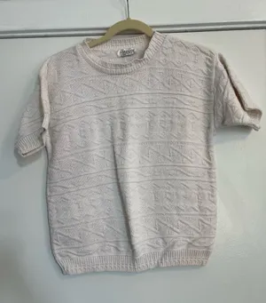 Vintage Cream off white Knit Short-Sleeve Sweater mock neck women’s small thumbnail 1