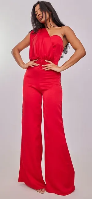 NWT PrettyLittleThing Red Draped One Shoulder Satin Wide Leg Jumpsuit thumbnail 1