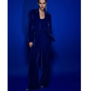 Zara Blue Velvet Velour High Waist Wide Flared Leg Crop Ankle Trousers Pants S thumbnail 4