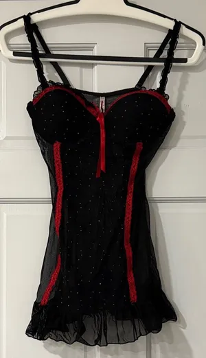 Native Intimates Babydoll Teddy 36B Medium Black Red Lace Sheer Rhinestones thumbnail 1