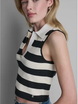 DKNY Black and Cream Striped Sleeveless Polo Tank thumbnail 2