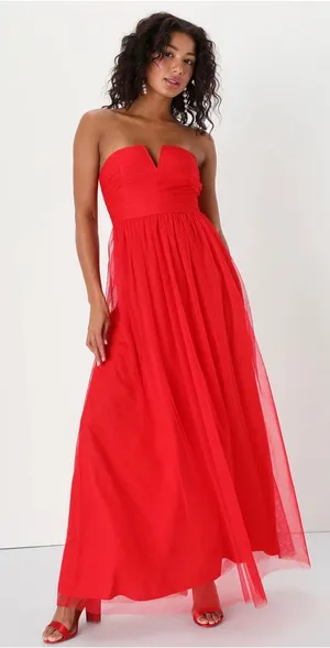 NWT Lulus Queen Behavior Maxi Dress Size Medium Red Tulle Strapless Gown Vday thumbnail 1