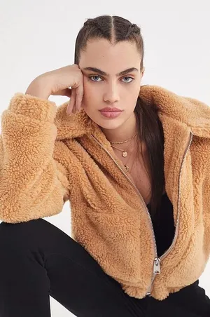 Urban Outfitters‎ Teddy Jacket Full Zip Up Cropped Beige Coat Size Medium thumbnail 1