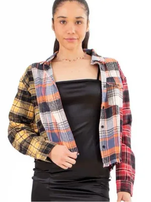 Jolie & Joy Patchwork Plaid Cut Off Button Up Shirt Jacket Shacket Size Large Yellow thumbnail 1