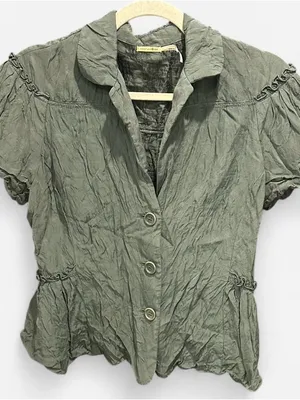 Max Studio Olive Green Silk Blend Peplum Blouse Size 6 M Y2K Boho thumbnail 3