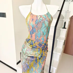 Multicolor Tie‑Dye Lace Halter Midi Dress Ruched thumbnail 2