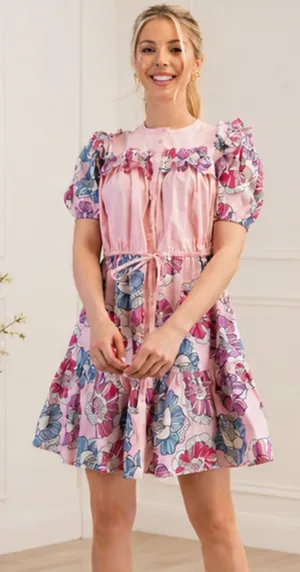 Gigio Pink Floral Ruffle Puff Sleeve Dress Size Small thumbnail 1