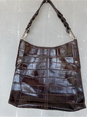 Vtg y2k Brighton Croc-Embossed Shoulder Bag tote - Dark Brown thumbnail 1