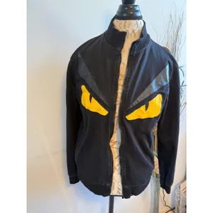 Fendi Bag Bugs Monster Eyes‎ Black Cotton Cashmere Silk Zip Bomber Jacket L flaw thumbnail 2