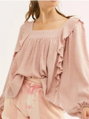 Free People Bonnie Blouse Dusty Pink Textured Ruffle Boho Top Size Small thumbnail 2