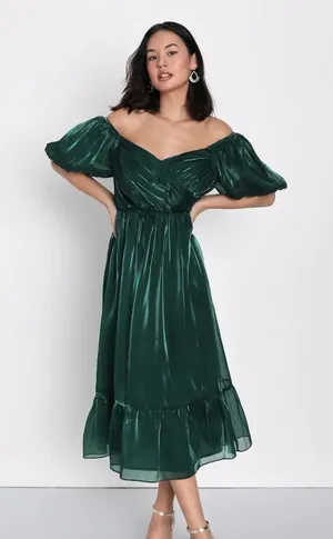 Lulus Remarkable Sensation Emerald Green Puff Sleeve Tiered Dress Party Small thumbnail 1