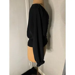 Topshop Black V-Neck Buttondown Smocked Peplum Top 2 Peasant Boho Classic Casual thumbnail 3
