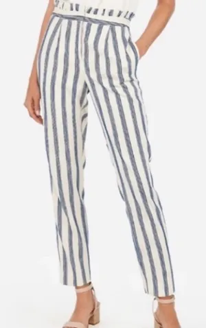 NWT Express High Rise Paperbag Ankle Pants Cream Blue Stripe Size 4 thumbnail 1
