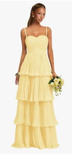 Butter Yellow Tiered Pleated Chiffon Maxi Dress thumbnail 1