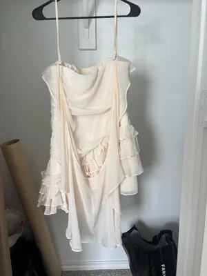 Oh Polly Off-Shoulder Ruffled Mini Dress in Ivory #bridal thumbnail 4