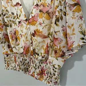 Haver + Blair Floral Smocked Blouse XL Gold Thread Boho Flutter Sleeve Top thumbnail 3